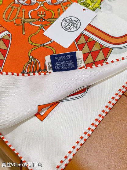 HM 26ss Double Sided Scarf 90 Orange Colorful Twill Silk 134428