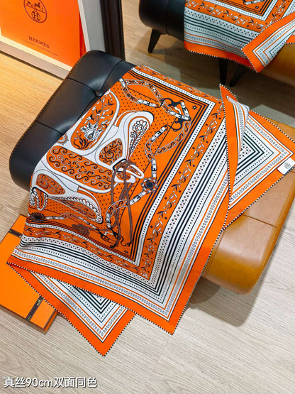 HM 26ss Amazon  Scarf 90 Orange White Twill Silk 132412