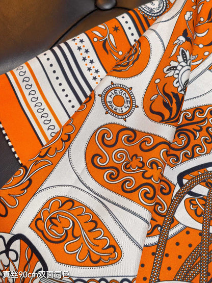 HM 26ss Amazon  Scarf 90 Orange White Twill Silk 132412