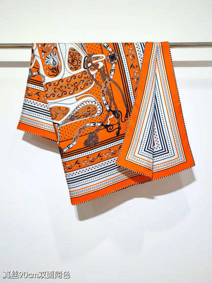 HM 26ss Amazon  Scarf 90 Orange White Twill Silk 132412
