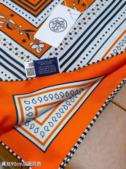 HM 26ss Amazon  Scarf 90 Orange White Twill Silk 132412