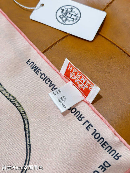 HM 26ss Double Sided Scarf 90 Light Pink Colorful Twill Silk 134424