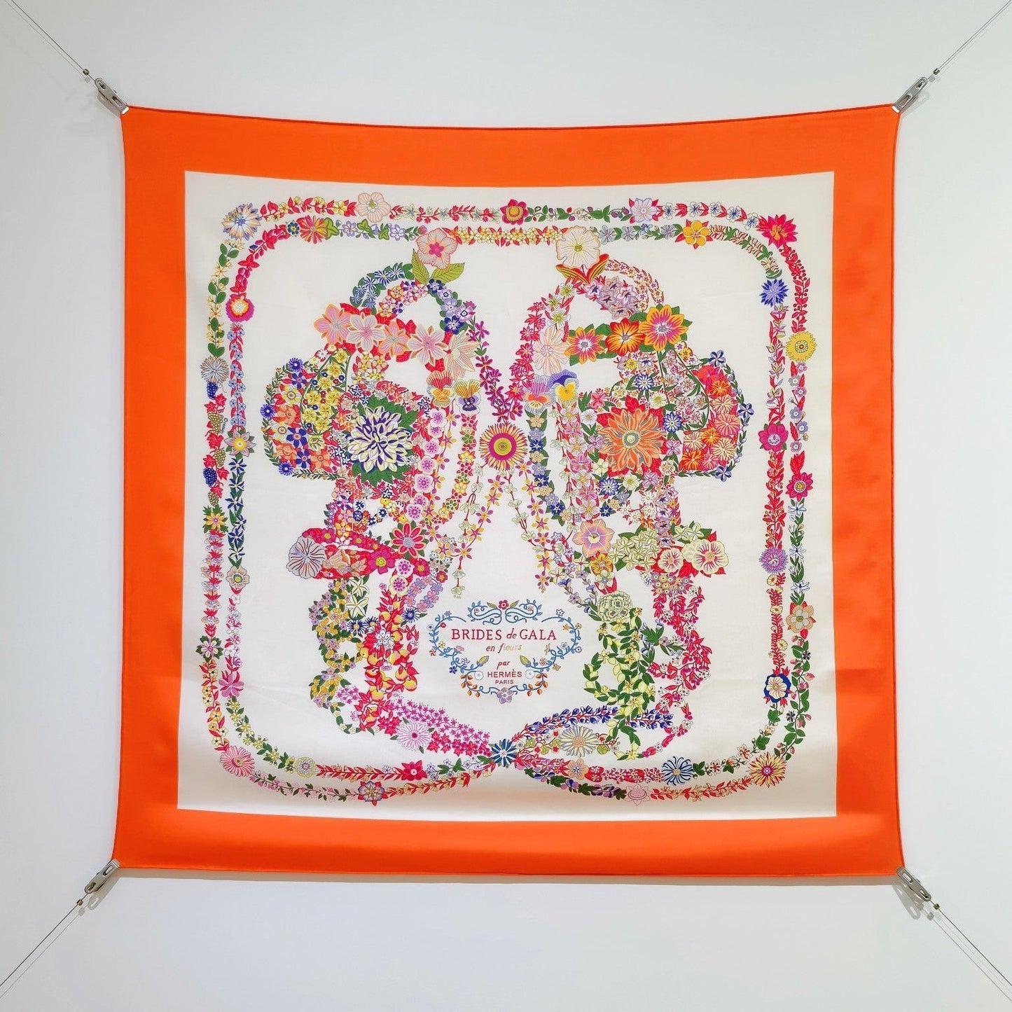 HM 26s 90 Double Sided Scarf White Orange Colorful Mulberry Silk 145756