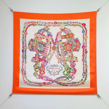 HM 26s 90 Double Sided Scarf White Orange Colorful Mulberry Silk 145756