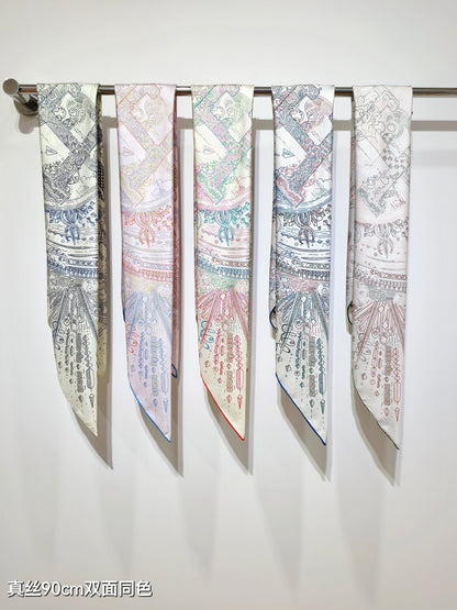 HM 26s 90 Double Sided Scarf White Gray Colorful Mulberry Silk 145752