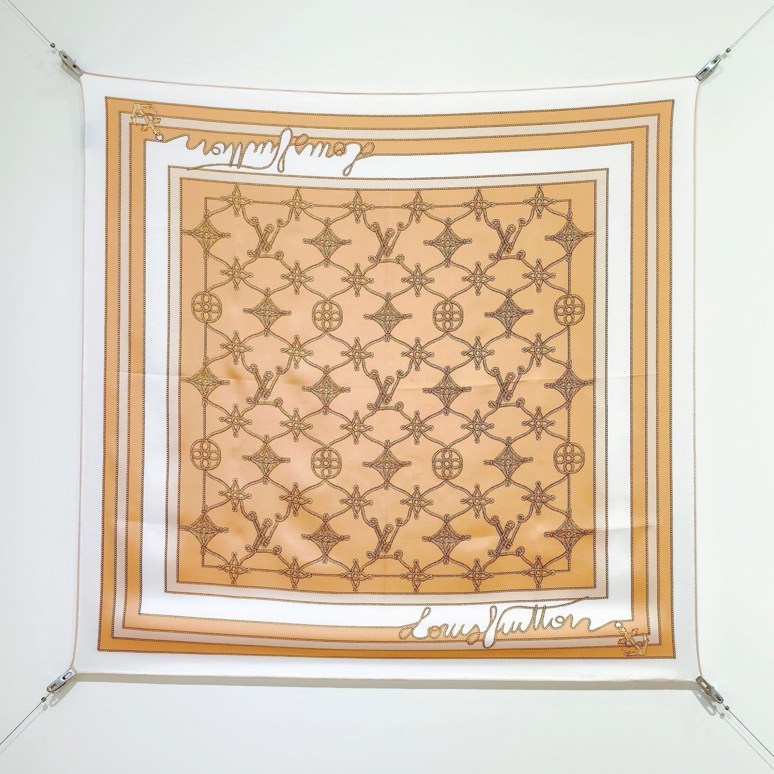 LV Double Sided Scarf 90 Beige White Monogram Twill Silk 164405