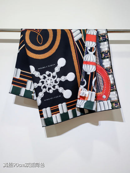 HM 26ss Amazon  Scarf 90 Black Colorful Twill Silk 130281