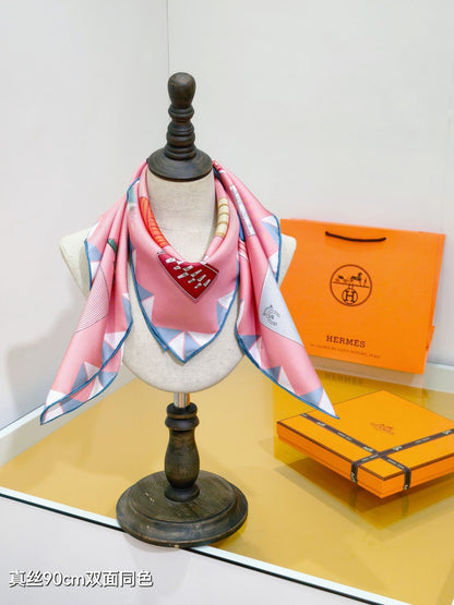 HM 26s Horse Scarf 90 Pink Colorful Cashmere Silk 134431
