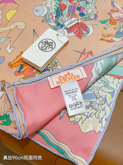 HM 26s Horse Scarf 90 Beige Pink Colorful Cashmere Silk 139217