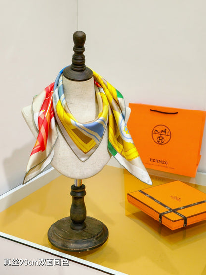 HM 26s Horse Scarf 90 Yellow Orange Colorful Cashmere Silk 134440