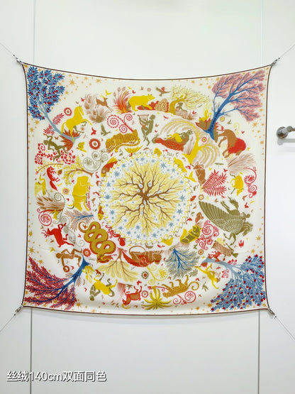 HM 26s Horse Scarf 90 Yellow Colorful Cashmere Silk 138082