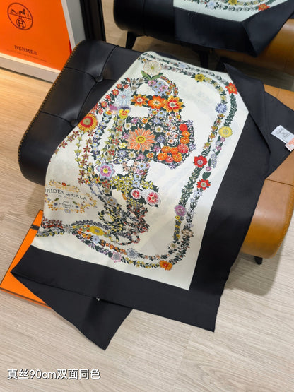 HM 26s 90 Double Sided Scarf Black White Colorful Mulberry Silk 145753