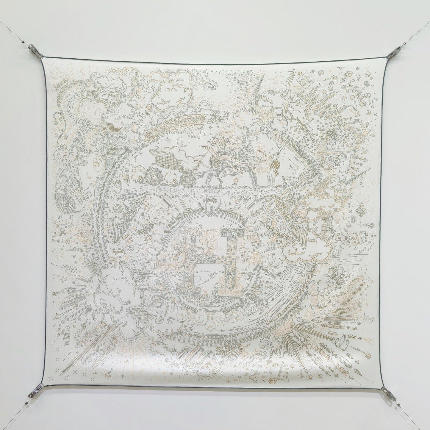HM 26s 90 Double Sided Scarf White Gray Colorful Mulberry Silk 145752