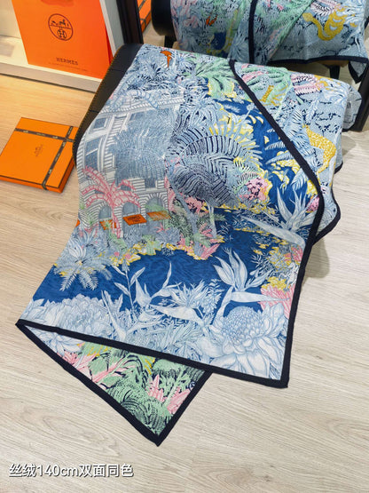 HM 26s 90 Double Sided Scarf Blue Colorful Mulberry Silk 141476