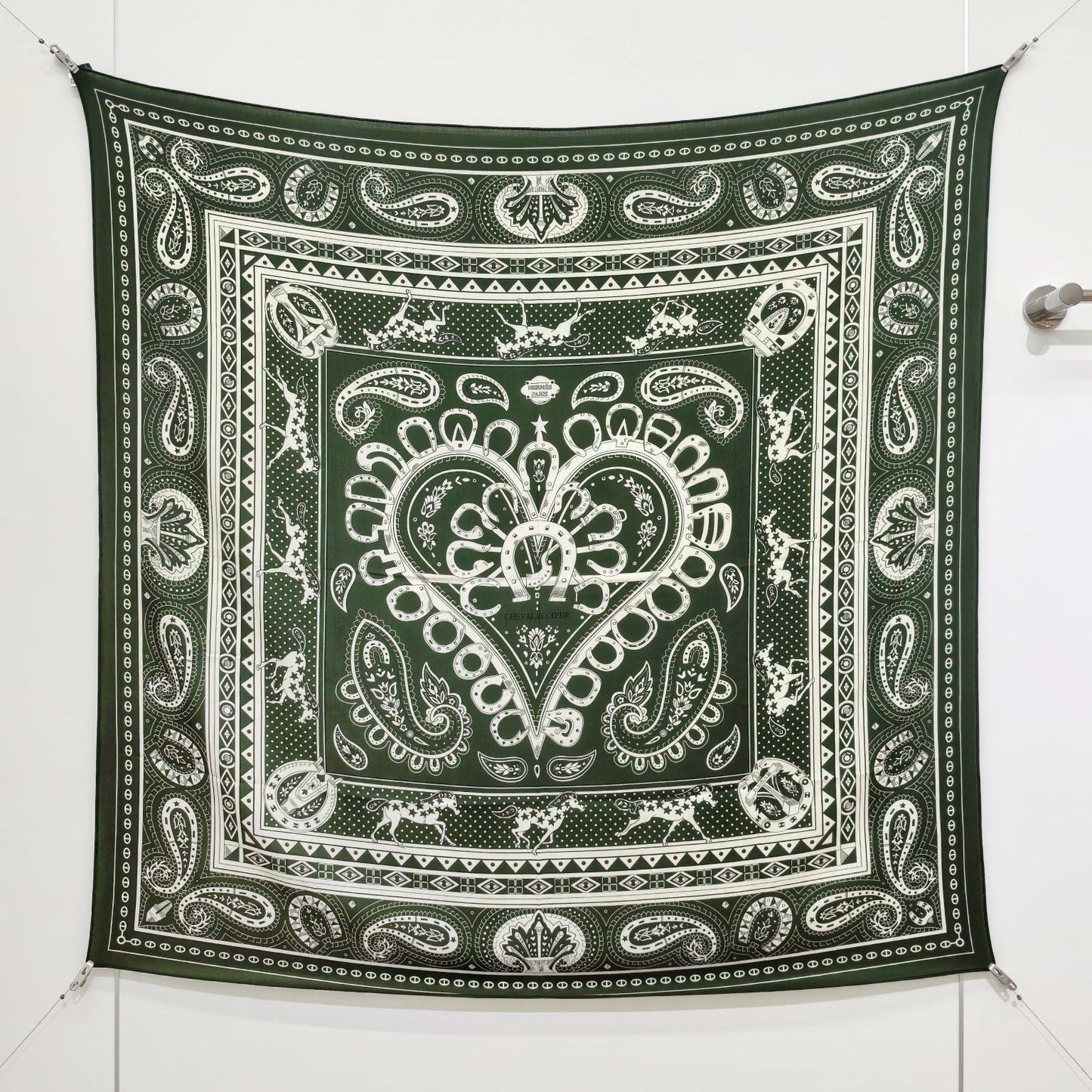 HM 26s Heart Horse Scarf 140 Dark Green Cashmere Silk 139235