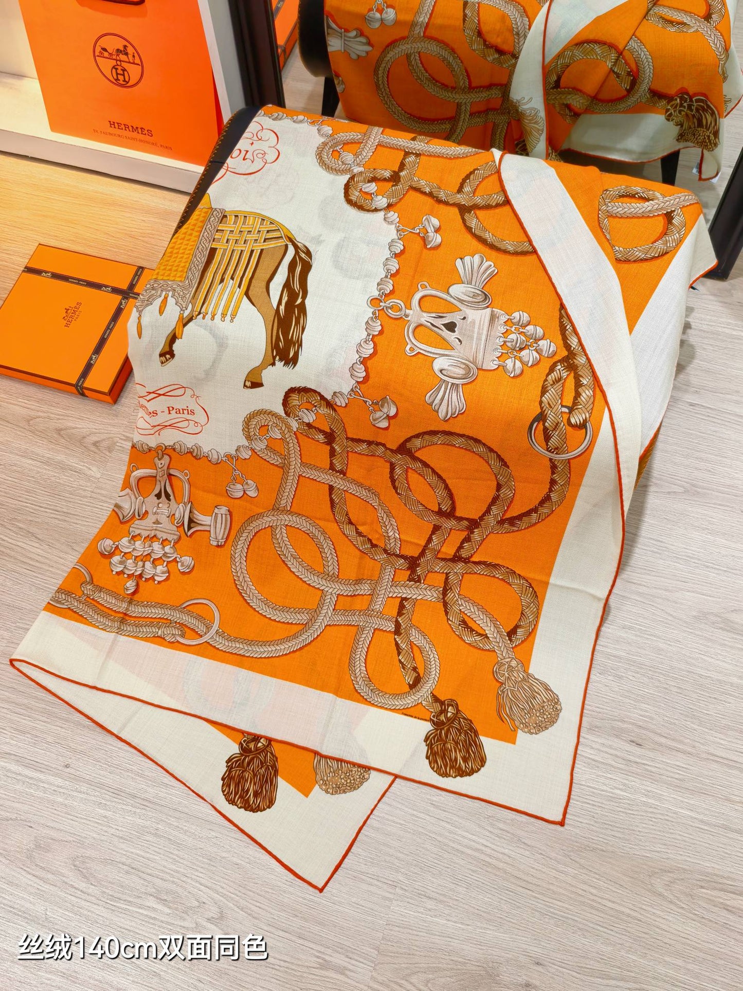 HM 26ss Double Sided Scarf 90 Orange Beige Cashmere Silk 132456