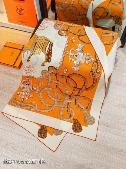 HM 26ss Double Sided Scarf 90 Orange Beige Cashmere Silk 132456