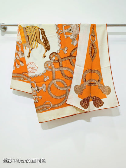 HM 26ss Double Sided Scarf 90 Orange Beige Cashmere Silk 132456