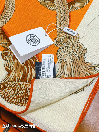 HM 26ss Double Sided Scarf 90 Orange Beige Cashmere Silk 132456