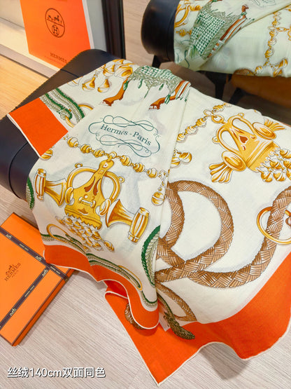HM 26ss Double Sided Scarf 90 Orange Green Beige Cashmere Silk 132455