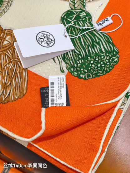 HM 26ss Double Sided Scarf 90 Orange Green Beige Cashmere Silk 132455