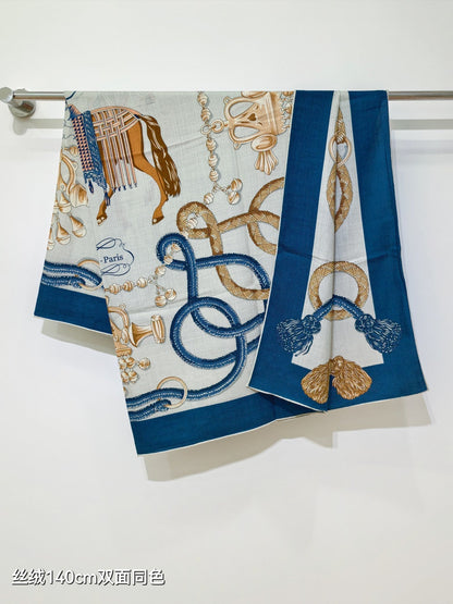 HM 26ss Double Sided Scarf 90 White Blue Beige Cashmere Silk 132457