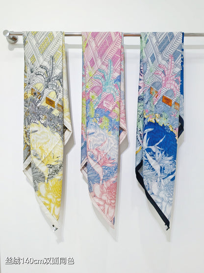 HM 26s 90 Double Sided Scarf Black White Yellow Colorful Mulberry Silk 141475