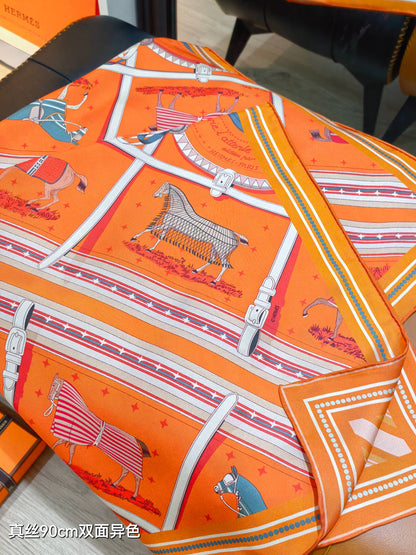 HM 26s Horse Scarf 140 Orange Colorful Cashmere Silk 139219
