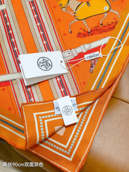 HM 26s Horse Scarf 140 Orange Colorful Cashmere Silk 139219