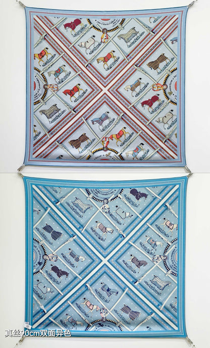 HM 26s Horse Scarf 140 Baby Blue Colorful Cashmere Silk 139221