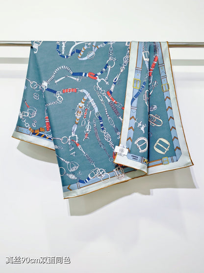 HM 26ss Sweet Saddle Scarf 90 Blue Colorful Twill Silk 132421