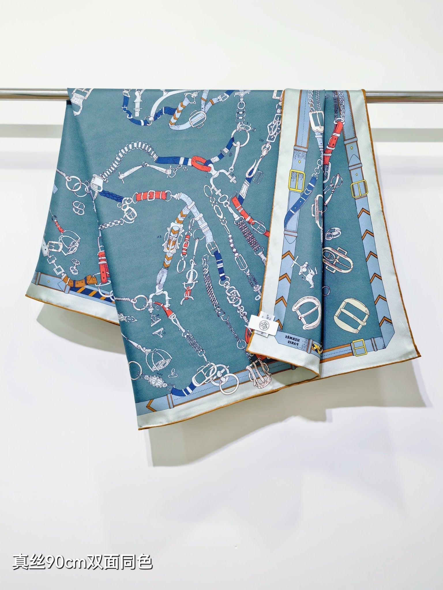 HM 26ss Sweet Saddle Scarf 90 Blue Colorful Twill Silk 132421