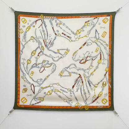 HM 26ss Sweet Saddle Scarf 90 Beige Black Green Colorful Twill Silk 132423