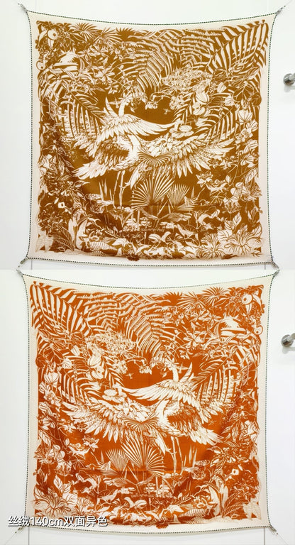 HM 26s Flamingo Party Scarf 140 Orange Brown Cashmere Silk 139241