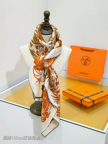 HM 26s Flamingo Party Scarf 140 Orange Brown Cashmere Silk 139241