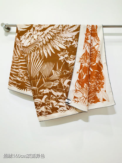HM 26s Flamingo Party Scarf 140 Orange Brown Cashmere Silk 139241