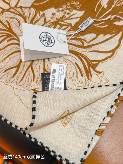 HM 26s Flamingo Party Scarf 140 Orange Brown Cashmere Silk 139241