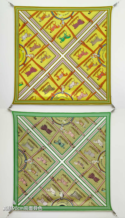 HM 26s Horse Scarf 140 Yellow Green Cashmere Silk 139222