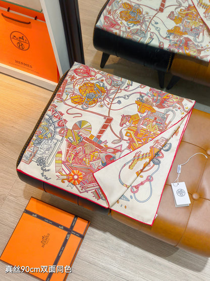 HM 26ss Amazon Scarf 90 Orange White Colorful Twill Silk 126317