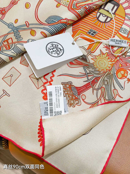 HM 26ss Amazon Scarf 90 Orange White Colorful Twill Silk 126317