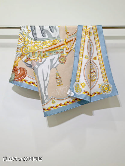 HM 26ss Sweet Saddle Scarf 90 Blue Beige Colorful Twill Silk 132425