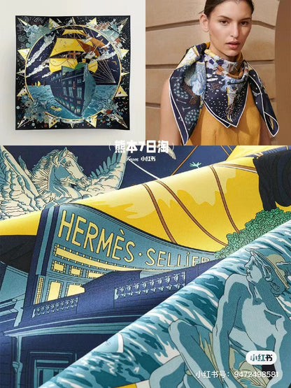 Square Scarf 90 CM Charcoal Blue Colorful Silk