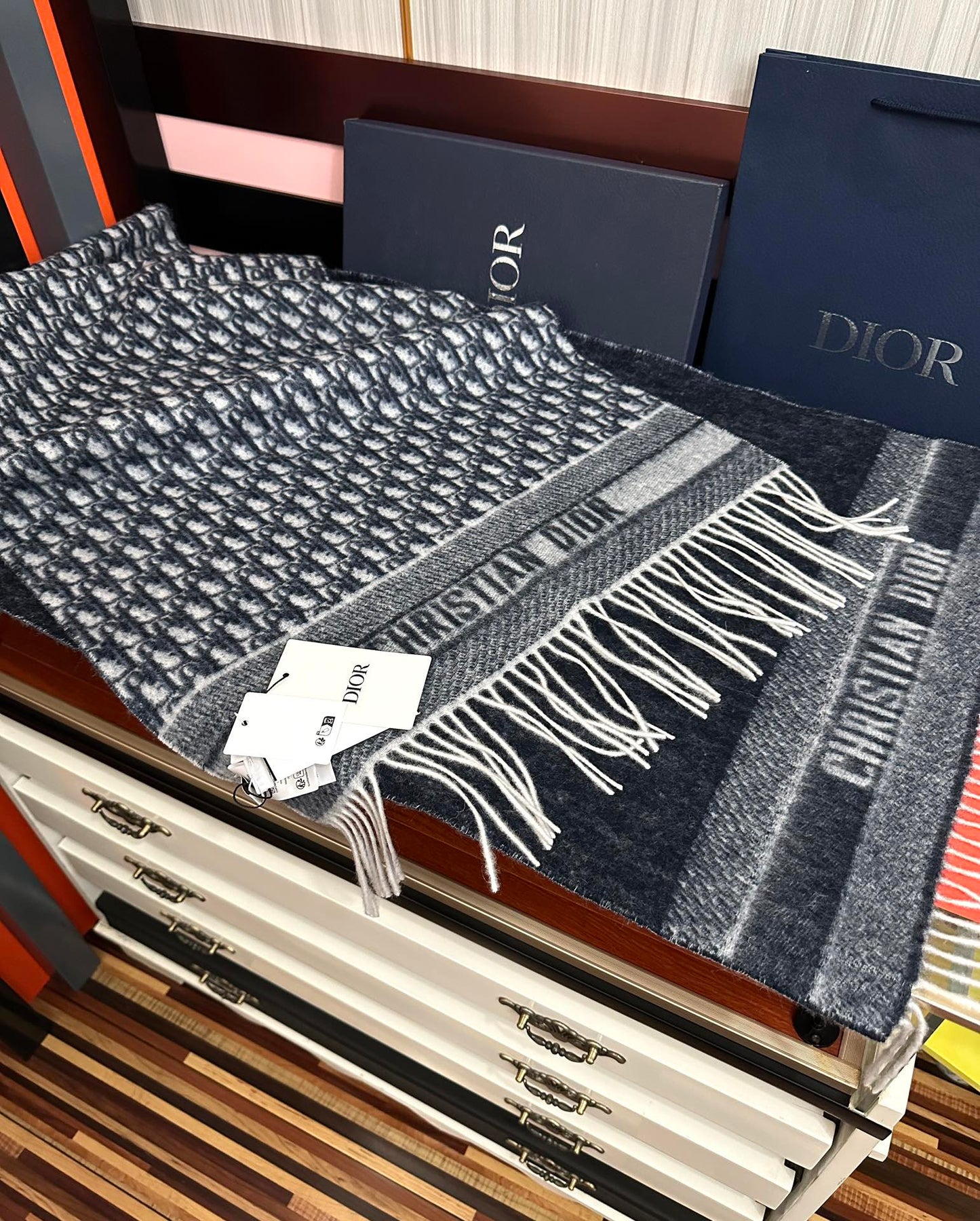 CD Oblique Print Scarf 200CM Dark Blue White Wool 292980