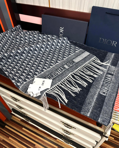CD Oblique Print Scarf 200CM Dark Blue White Wool 292980