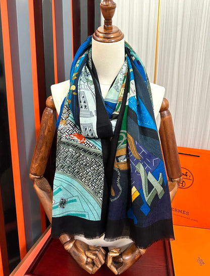 HM Newest Design Scarf 200CM Blue Black Cashmere 976448