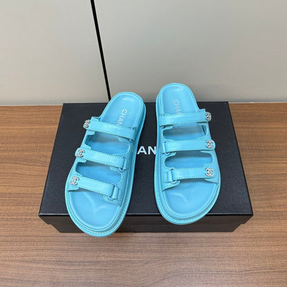dad sandals cloud blue triple strap lambskin mules