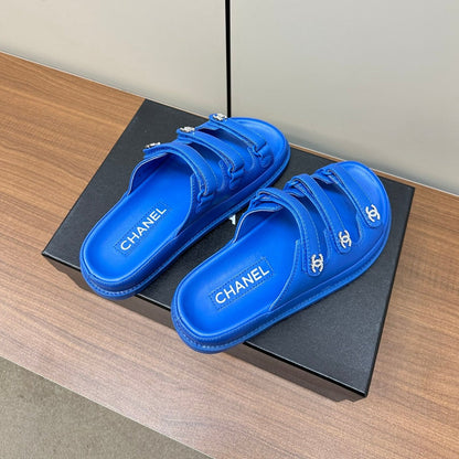 dad sandals blue triple strap lambskin mules