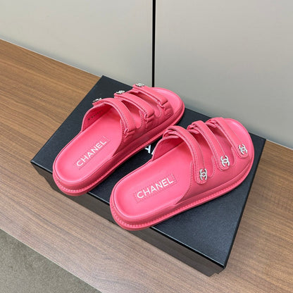 dad sandals dark pink triple strap lambskin mules