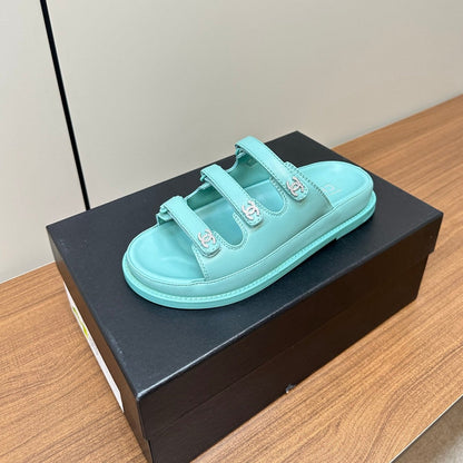 dad sandals sky blue triple strap lambskin mules