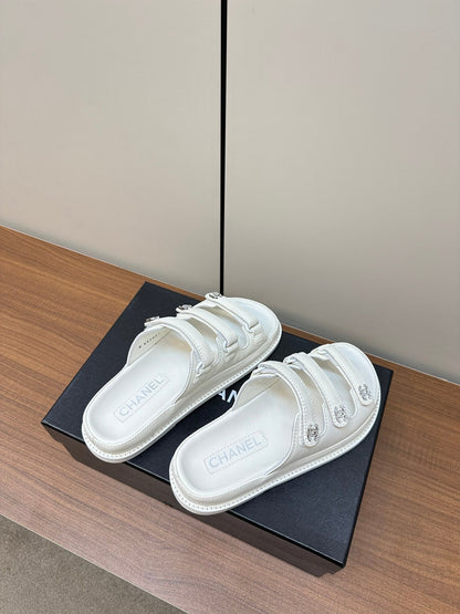 dad sandals white triple strap lambskin mules